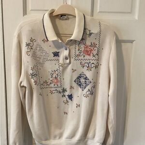 Cream Embroidered Polo Sweater